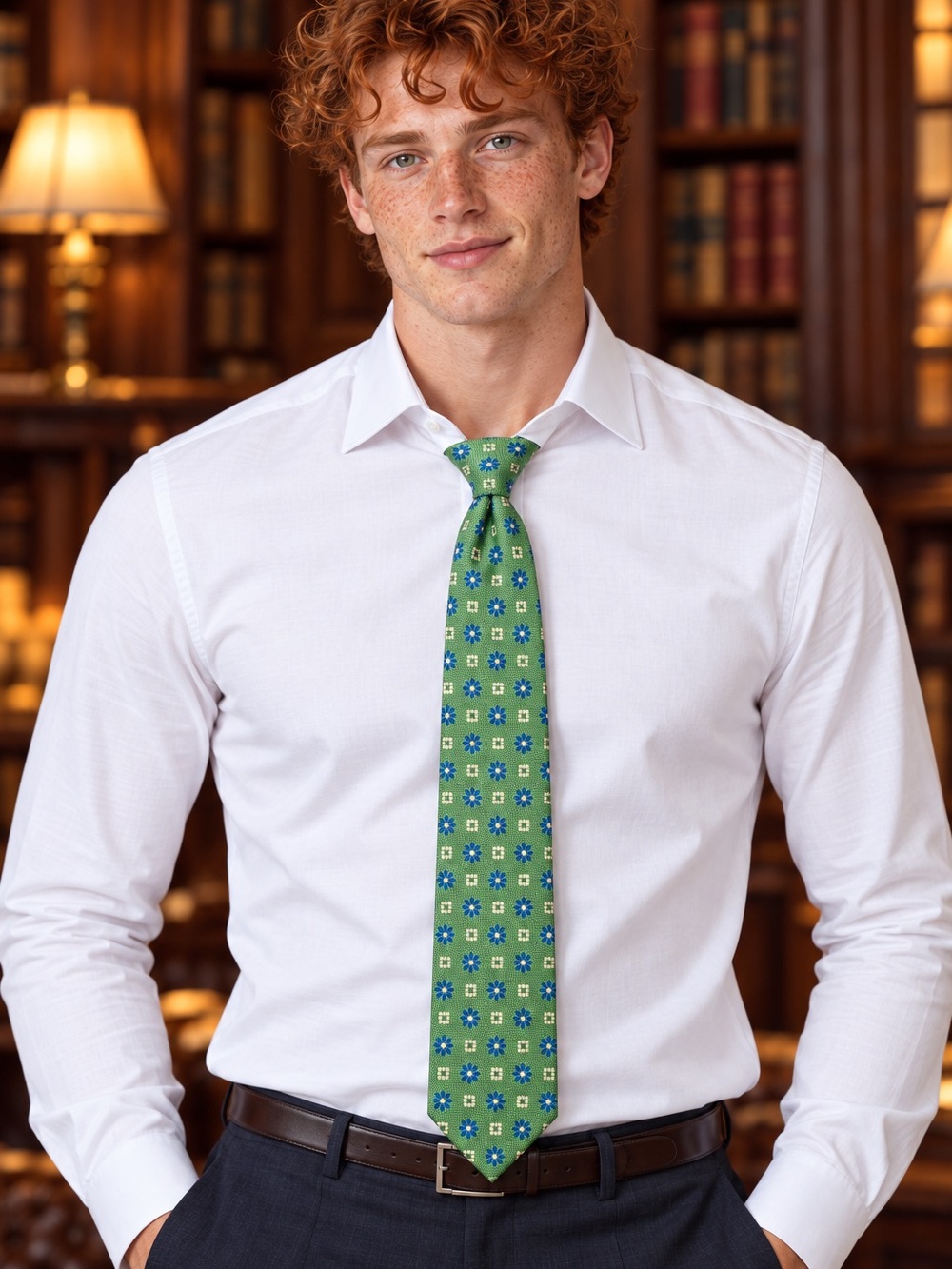 Kiton Green Silk Tie with Geometric Blue and White
